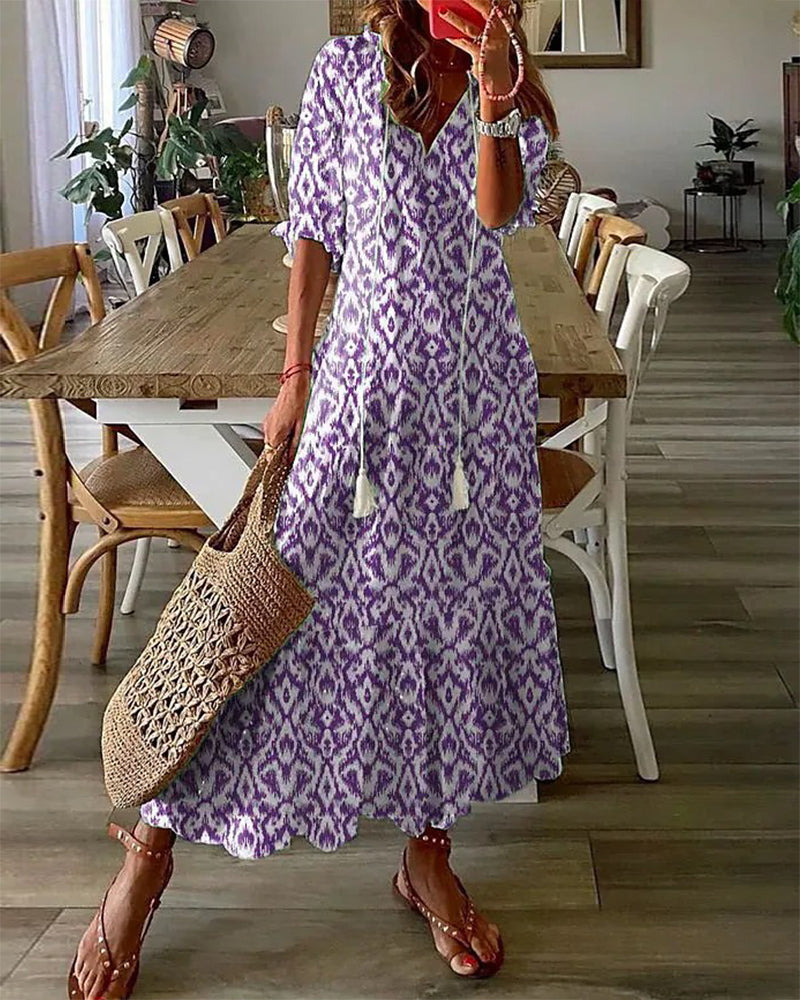 BARILA - Maxi Dress with Geometric Print and V-Neck