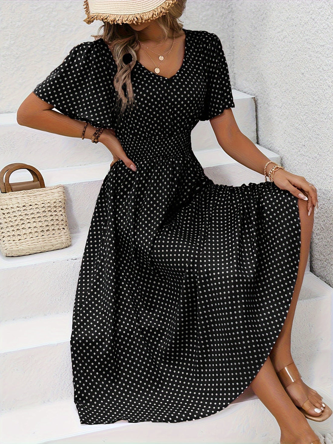 Maëva™ | Robe midi chic à pois roses