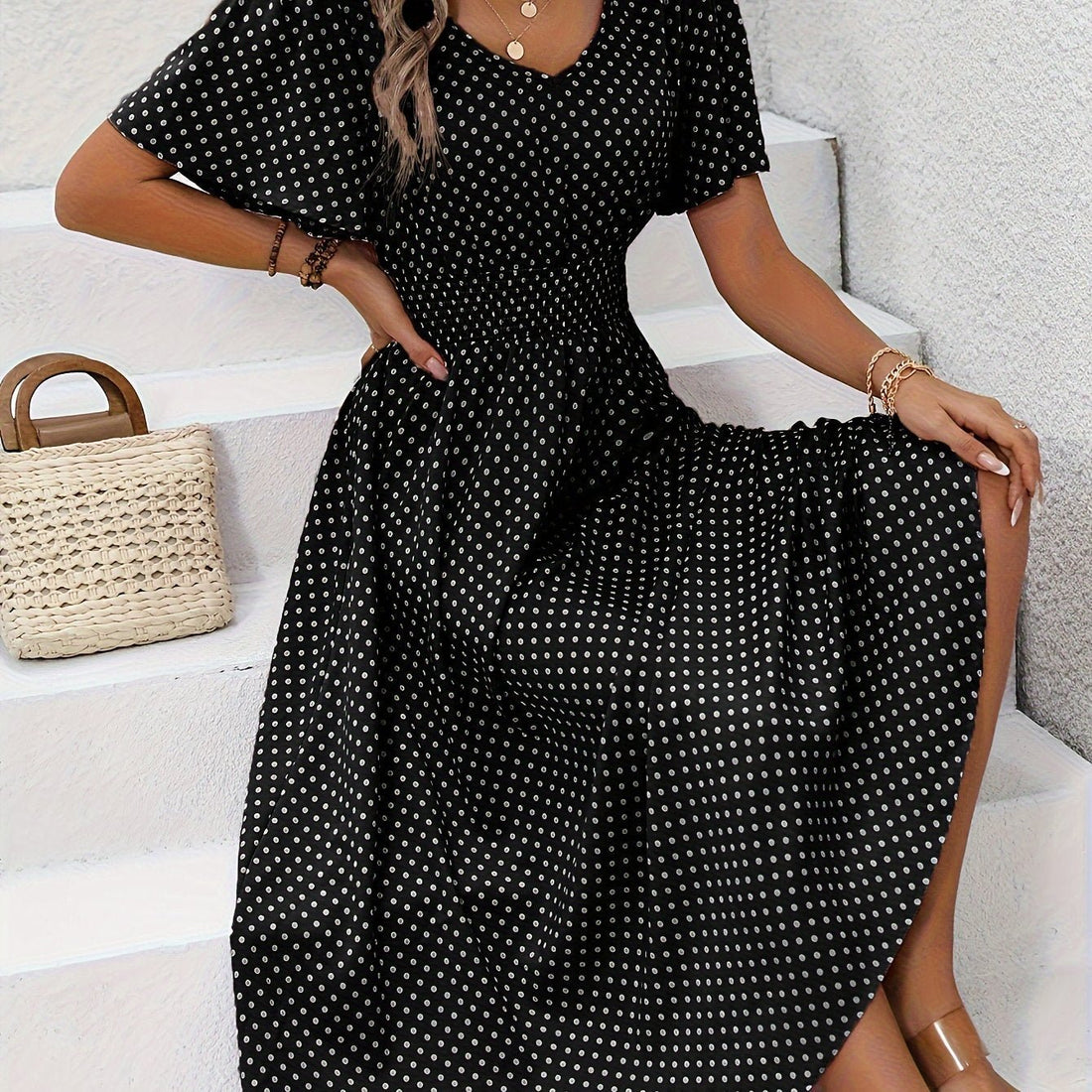 Maëva™ | Robe midi chic à pois roses