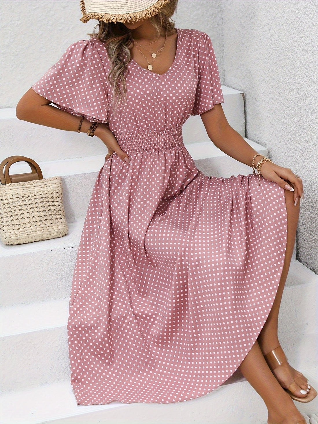 Maëva™ | Robe midi chic à pois roses