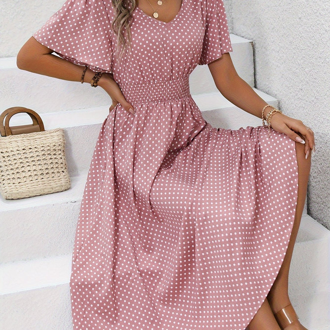 Maëva™ | Robe midi chic à pois roses